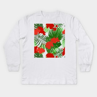 Hand drawn hibiscus, tropical leaves red and green colored seamless summer time Kids Long Sleeve T-Shirt